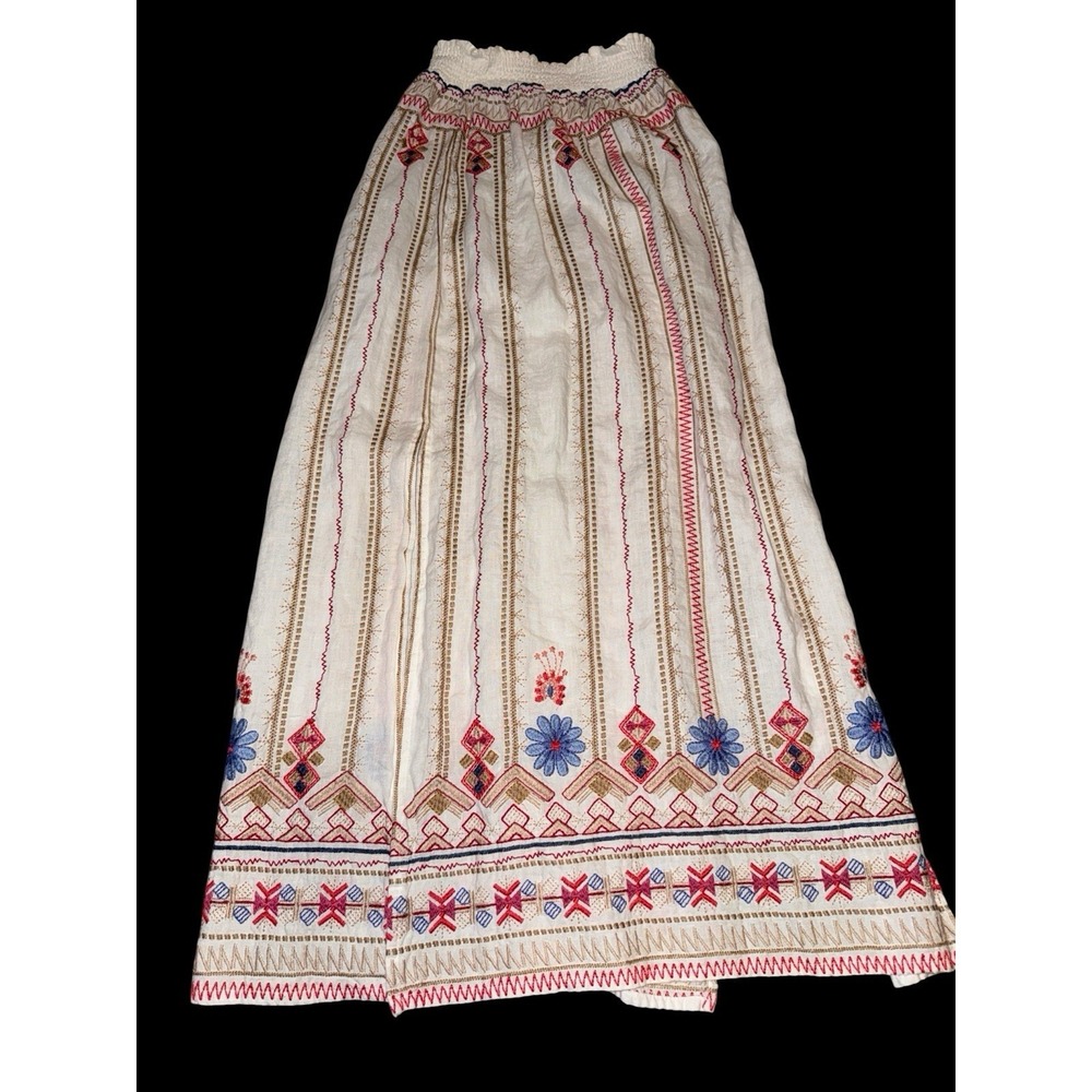 Johnny Was Los Angeles Frederique Linen Embroidered Skirt XS Bohemian Side Slits
